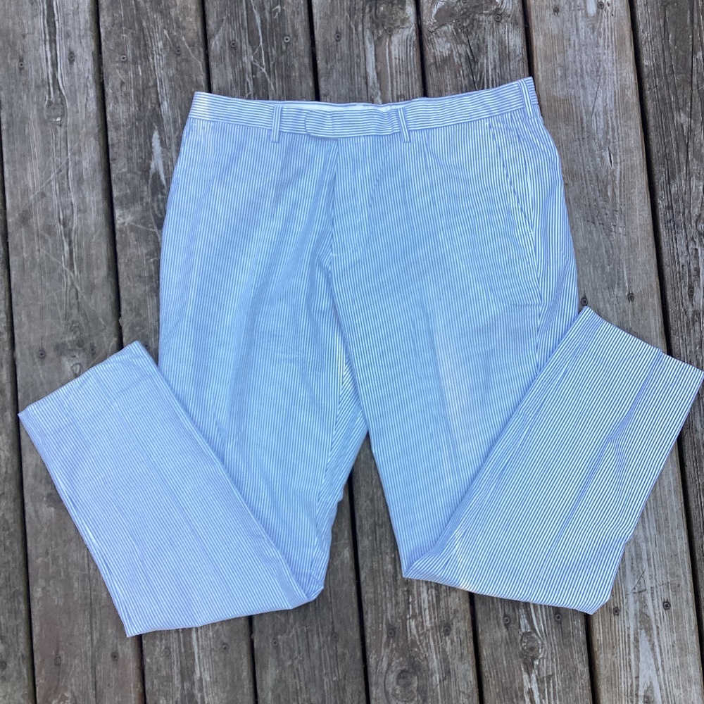 J.Crew Mens Bowery Slim Seersucker Casual Pants Striped White Blue 36 x 32